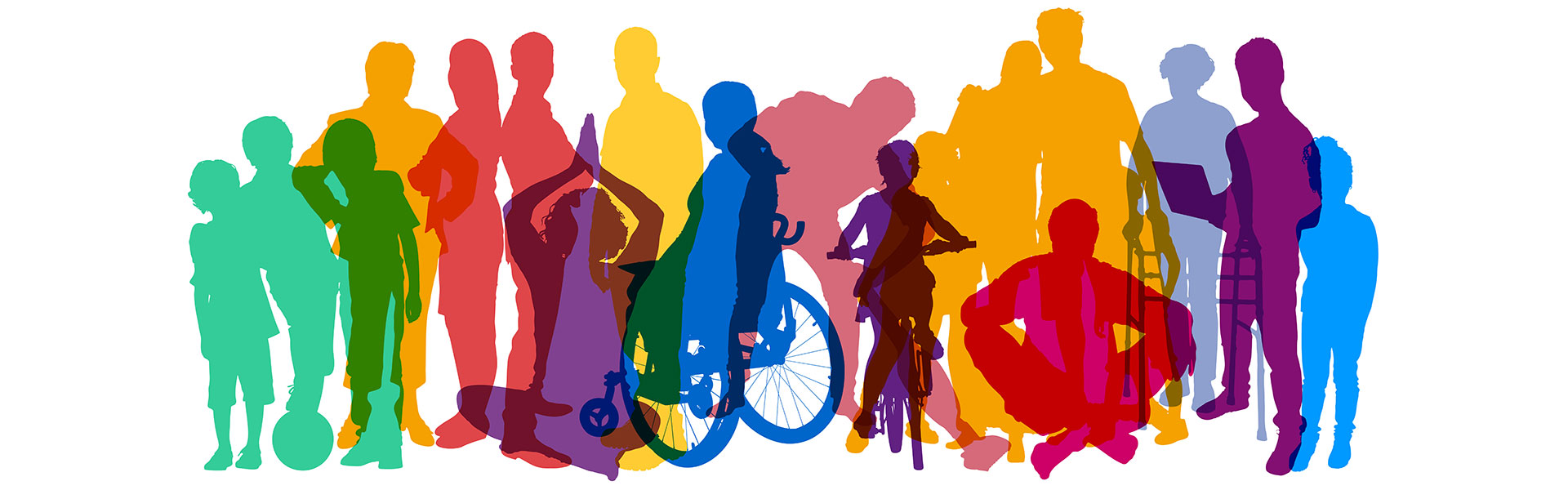 Bunte Umrissdarstellung von Menschen im Rollstuhl, Stehend, Sitzend, auf dem Fahrrad in unterschiedlichen Größen