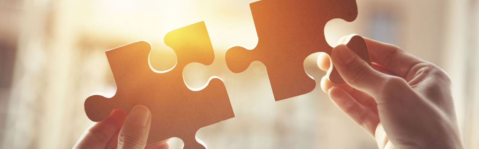 Zwei Hände mit jeweils einem zusammenpassenden Puzzleteil mit sonnigem Hintergrund